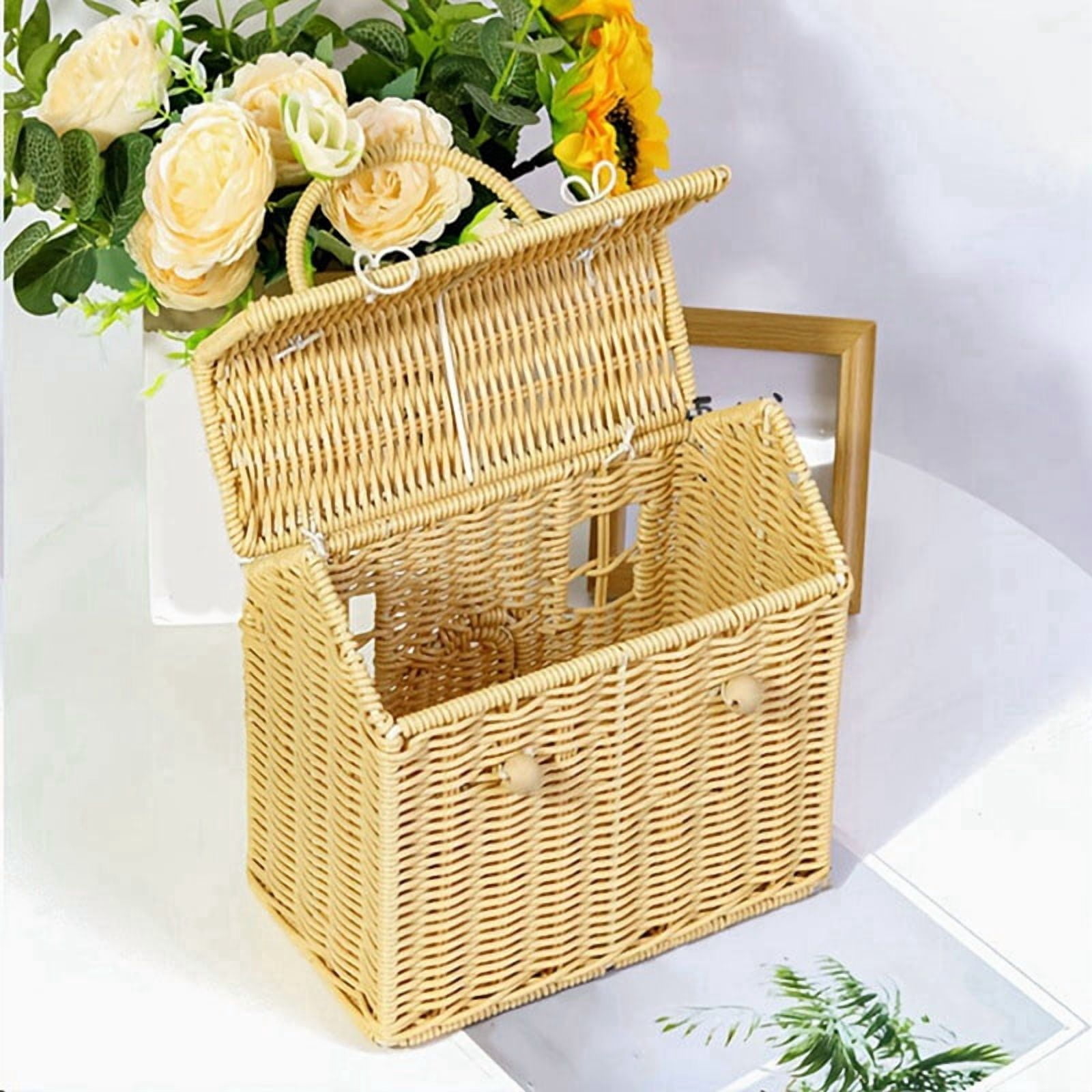 Rattan House Shaped Basket with Lid, Decorative Hand Woven Shelf Organizer with Folding Handle, Harvest Wicker Basket