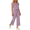 thumbnail image 5 of Avrnliq Womens Purple Two Piece Top and Pants Set, Stretch Breathable V Neck Cap Sleeve Top & Drawstring Wide Leg Cropped Pants, Casual Everyday Wear,Size XL, 5 of 6
