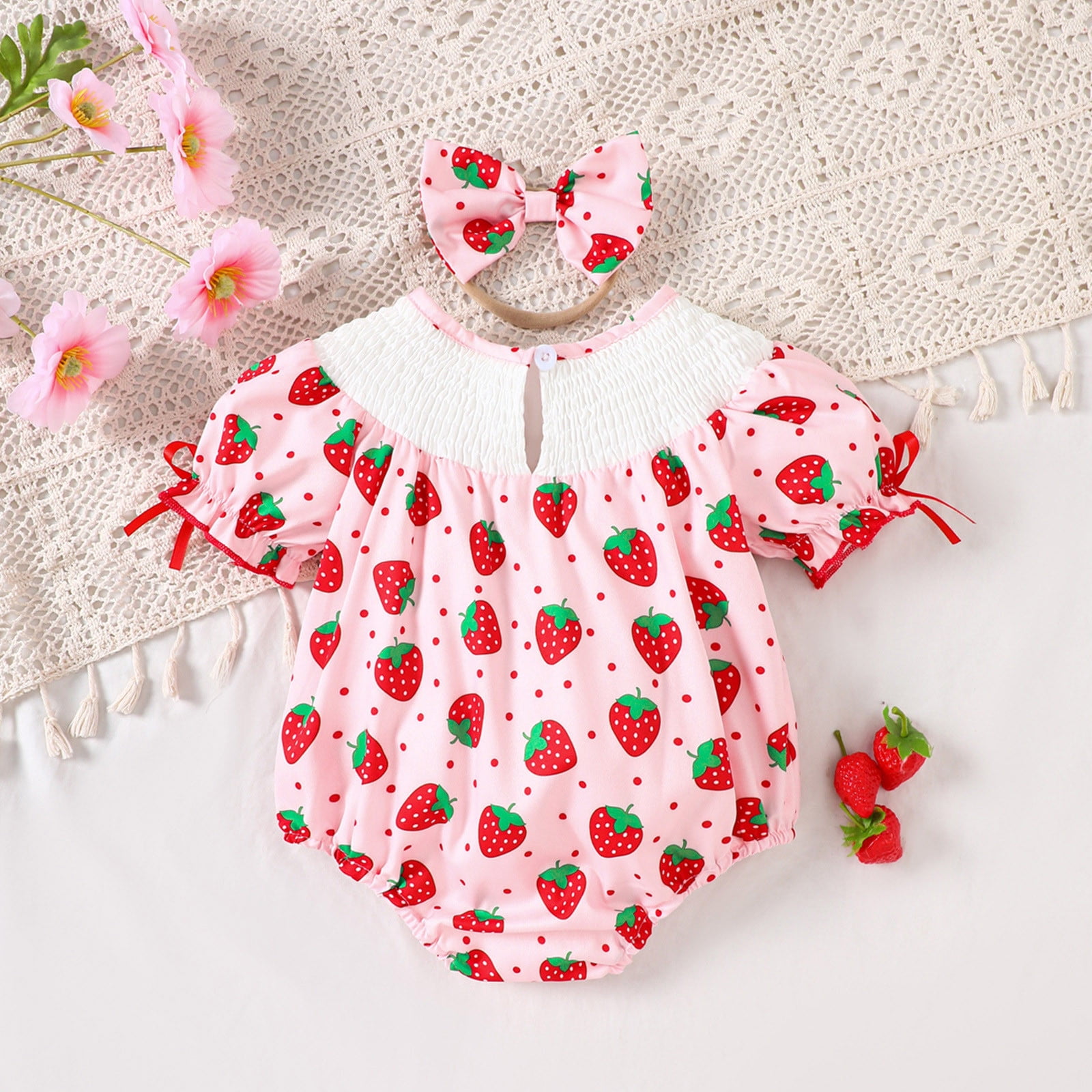 Girls Romper Baby Girls Summer Short Sleeve Strawberry Prints Romper Bodysuits Headbands Set Baby Romper Pink 6 Months-12 Months