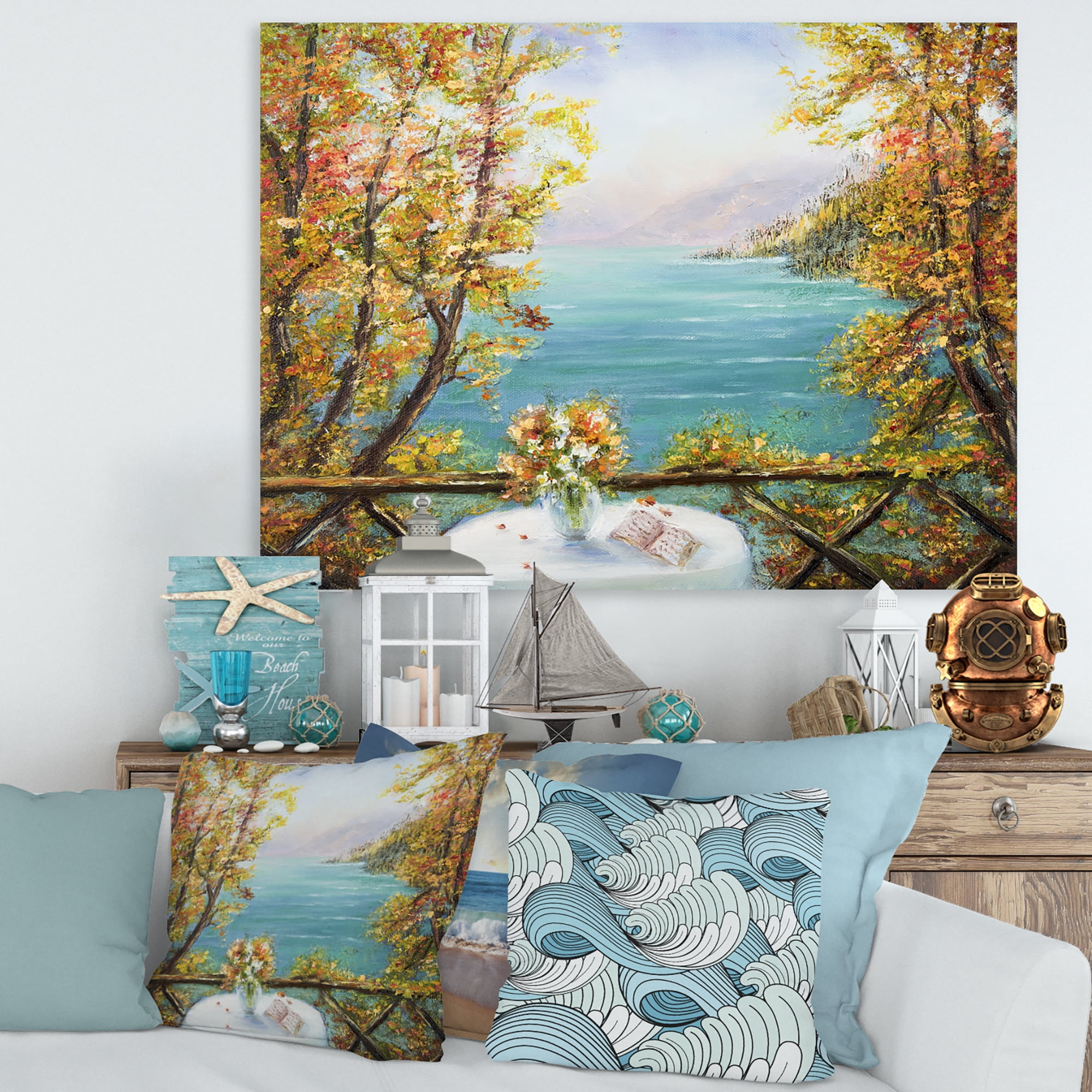 Designart ' The Blue Ocean View From Terrace ' Nautical & Coastal Canvas Wall Art Print