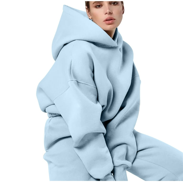 YYDGH Women's 2023 Fall Two Piece Outfit Long Sleeve Oversized Hoodie  Sweatshirt and Long Pants Tracksuit Sweatsuits Jogger Set Light Blue L