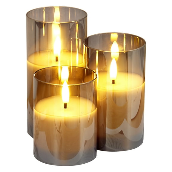 KFFKFF Grey Non-Flaming Candles, Trio of Battery-Powered LED Candles with 10-Key Remote and Timer, Genuine Wax & Cozy Colored Pulsating Light for Celebrations, Weddings, and Home Gatherings