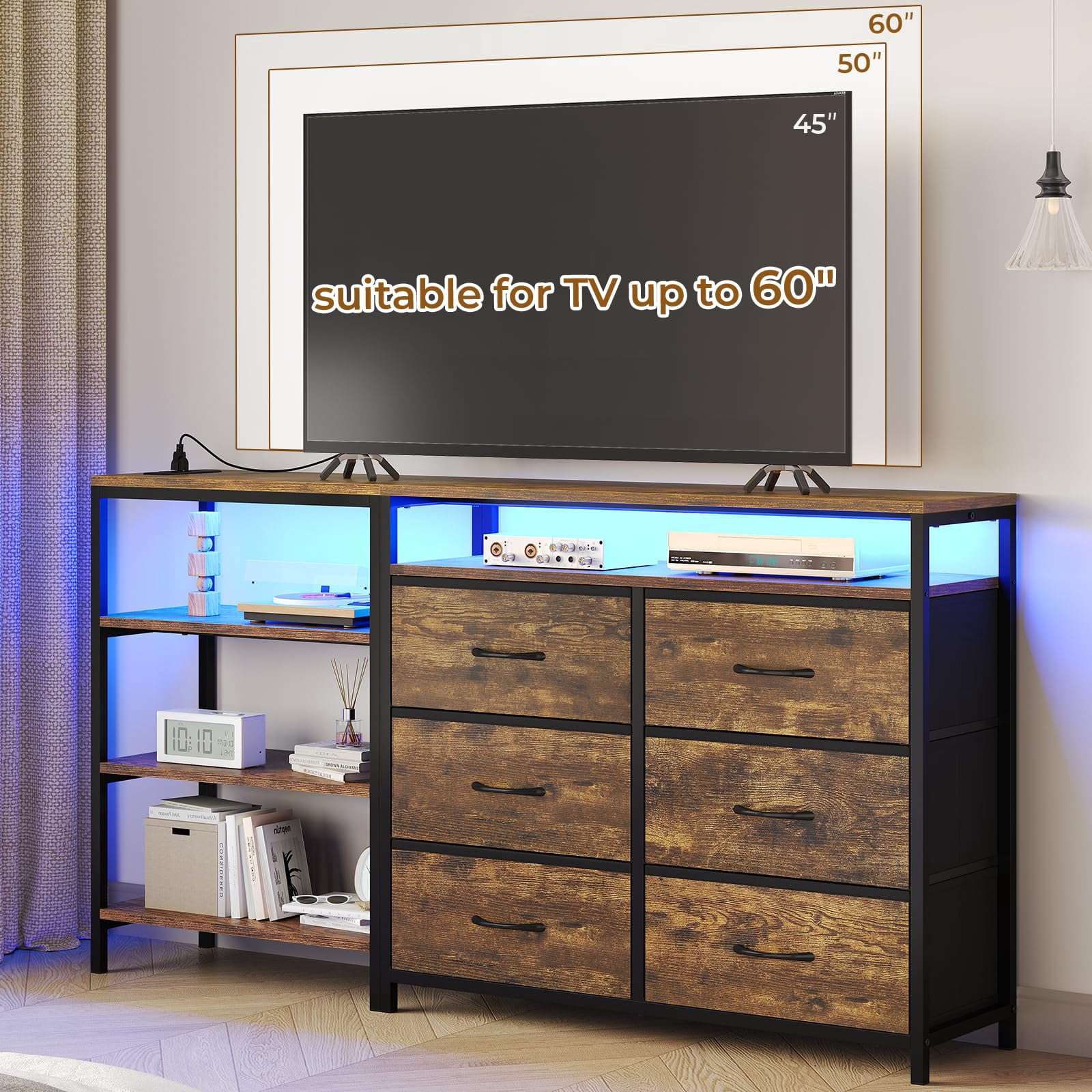 Afuhokles 6 Drawer Dressers for Bedroom with Charging Station and LED Light, 6 PU Drawers, 3 Open Shelves, Rustic Brown