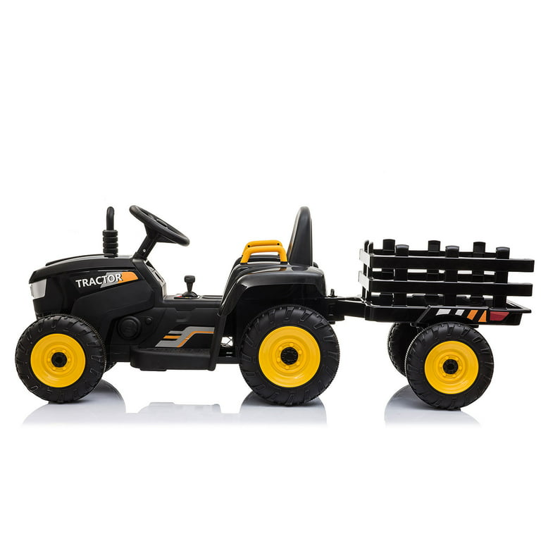 Cfowner 12V Battery-Powered Toy Tractor with Trailer and 35W Dual Motors, 3- Gear-Shift Ground Loader Ride On with LED Lights and USB & Bluetooth Audio  Functions 