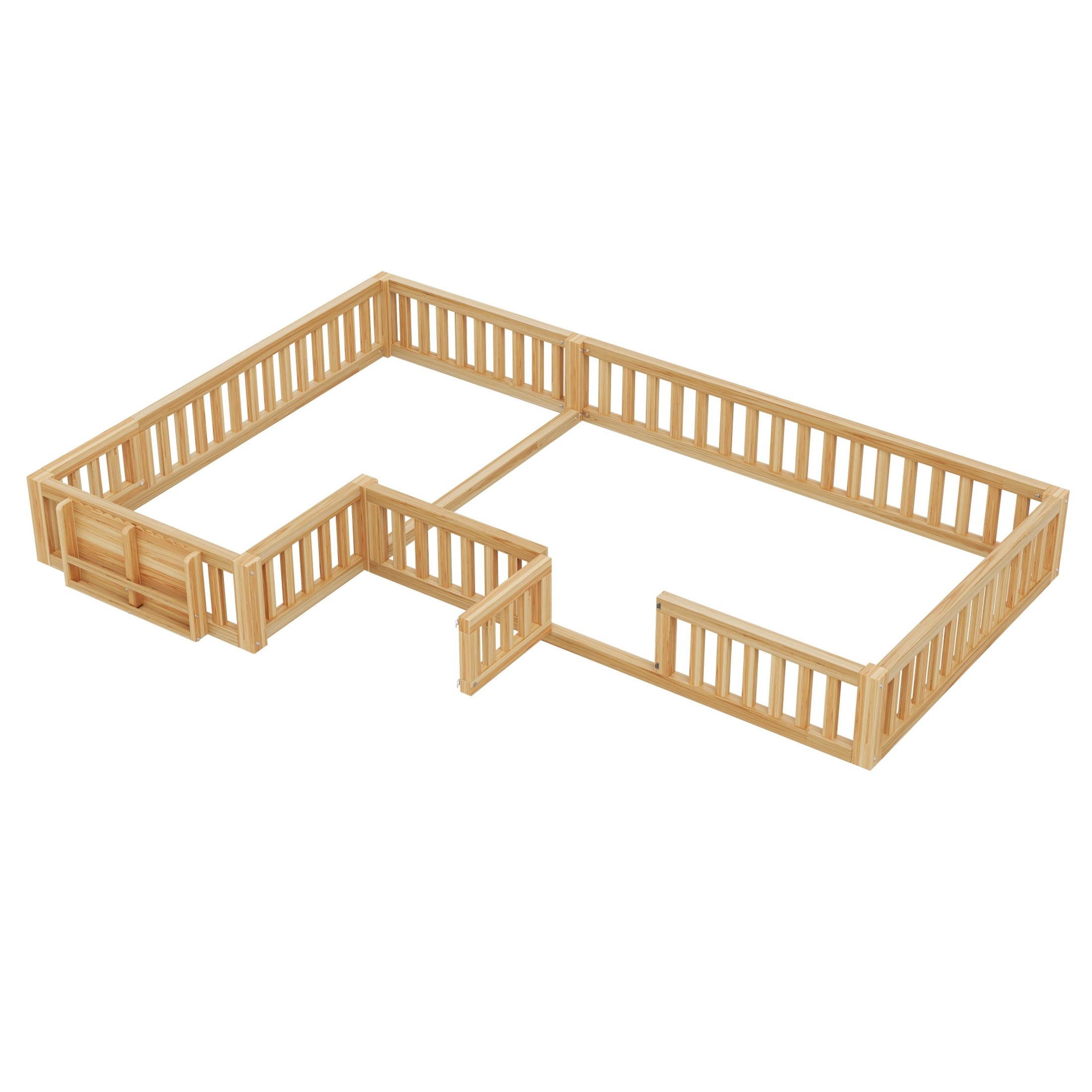 Noble House Lorven Twin & Full L-Shaped Floor Bed with Built-in Bookcase & Lockable Safety Gate, Natural