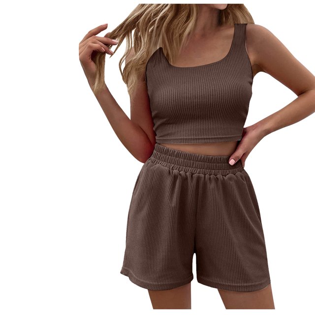 Cameland Women's Spring and Summer Solid Tank Top Shorts Two Piece Casual Home Set