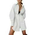 thumbnail image 2 of Female Button Up Long Sleeve Mini T Shirt Dress Lapel Collar Pleated Flared Short Dresses White L, 2 of 9
