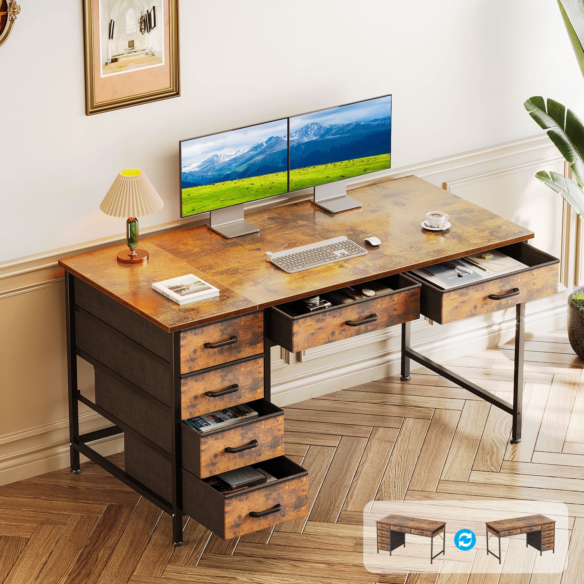 Casacomoda 48" Home Office Desk with 6 Drawers, Modern Computer Desk with Small Space, Corner Computer Desk, Vintage