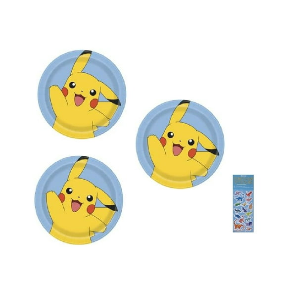 Pokemon Birthday Party Supplies Bundle includes 24 Lunch Round Paper Plates 9", 1 Dinosaur Sticker Sheet