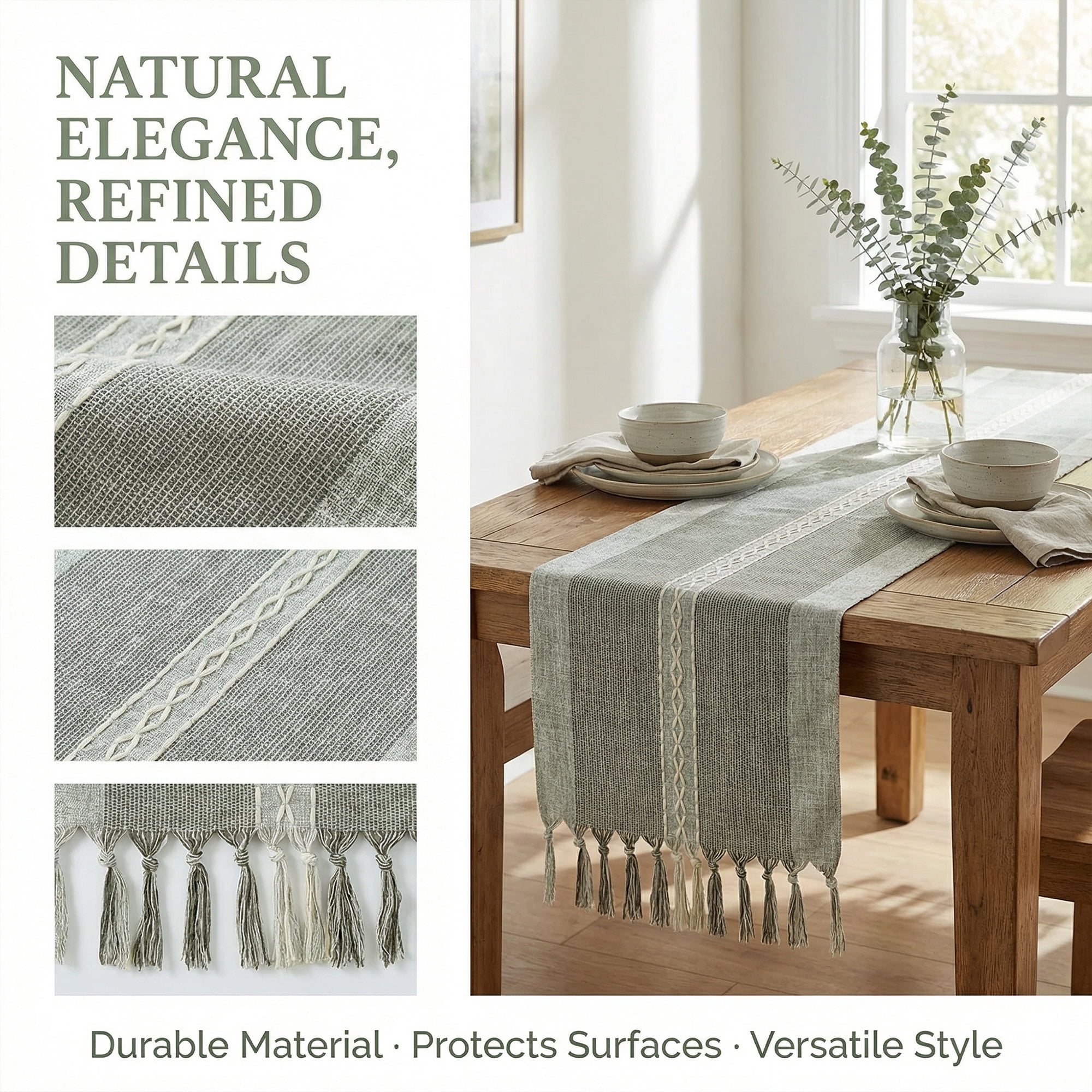 Unique Bargains Home Decorations Tassel Polyester Kitchen Runner Gray 13x72in