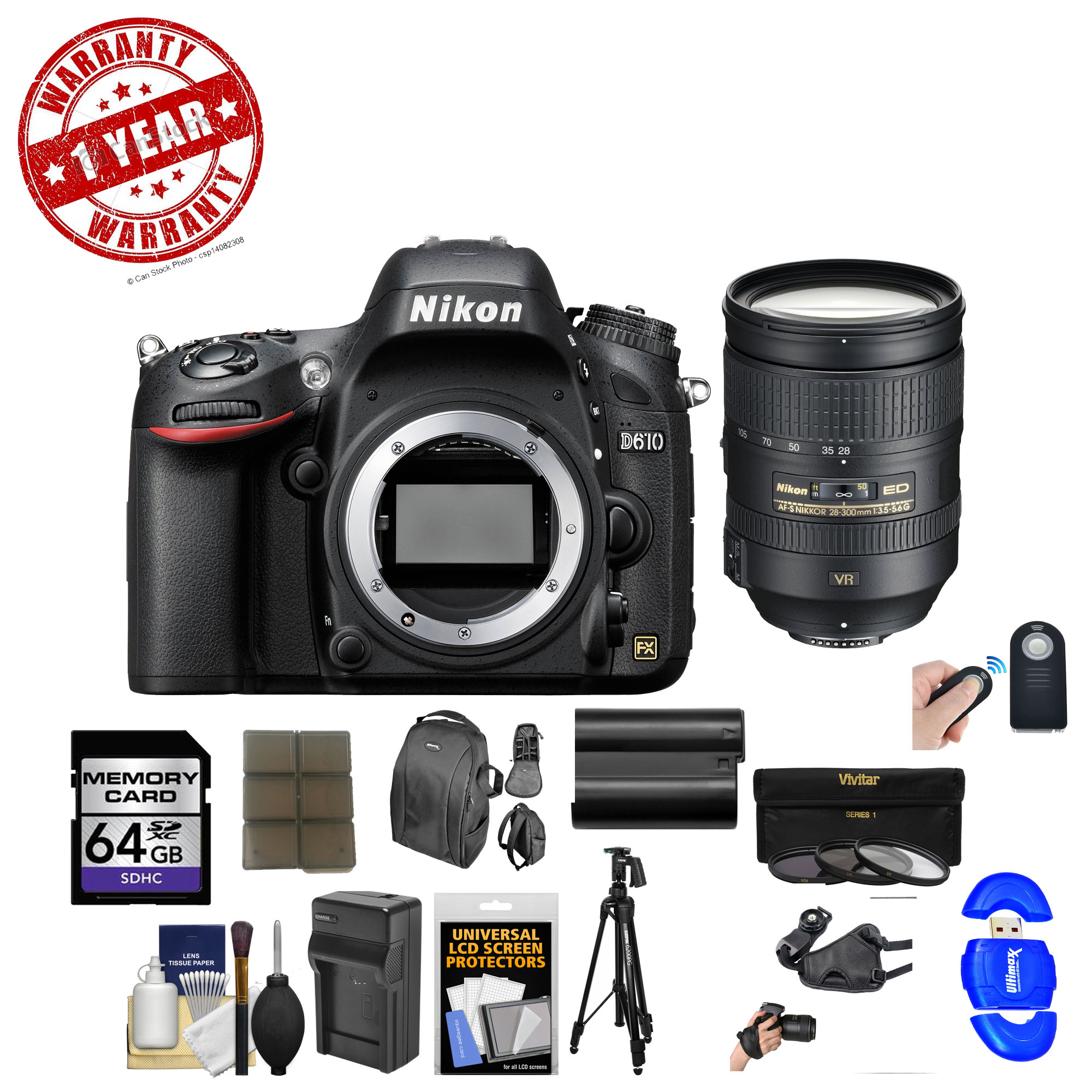 Nikon D610 Digital SLR Camera Body with 28300mm VR AFS Lens 64GB