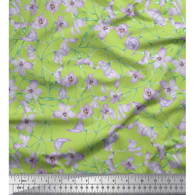 Soimoi Polyester Crepe Fabric Leaves & Wild Flower Floral Printed Fabric 1 Yard 52 Inch Wide