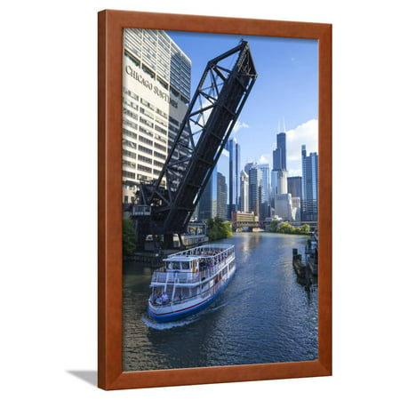 Tour Boat Passing under Raised Disused Railway Bridge on Chicago River, Chicago, Illinois, USA Framed Print Wall Art By Amanda