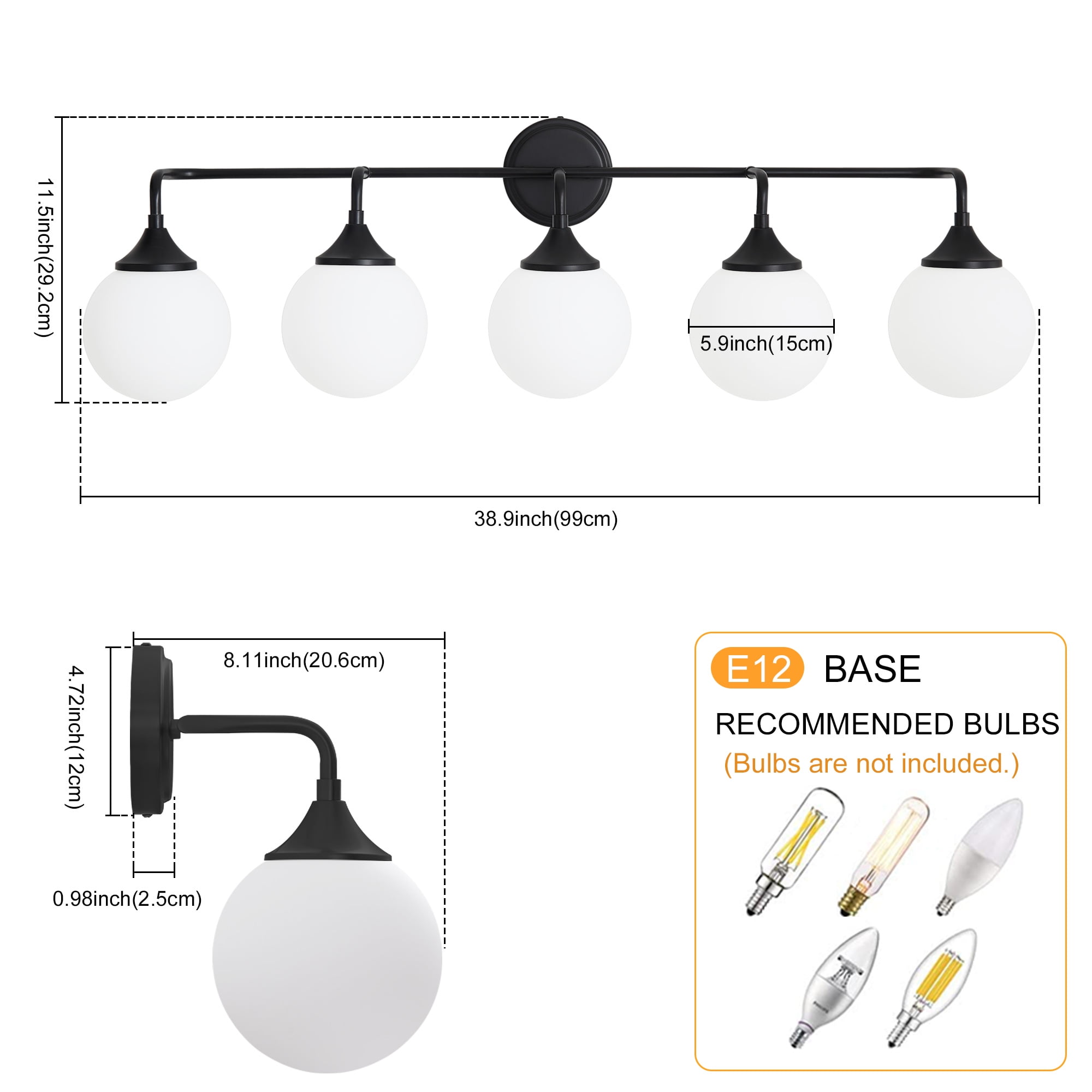 Deyidn 5-Light Black Modern Vanity Light, 39 Inch Dimmable Bathroom Light Fixture with Opal Glass Globes for Mirror