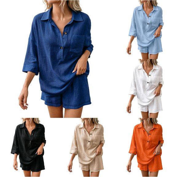 Tanghaowl Short Sets for Women, Casual Two Piece Pure Color Blend Short Sleeve Shirt And Shorts Outfit Women'S Shorts Suit 2-Piece Set Blue1 XL