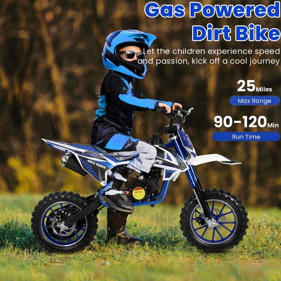 Tereitr 49cc 2-Stroke Dirt Bike for Kids Gas Power Motocross, Off Road Mini Motorcycle, Pocket Motorbike with Front Rear Disc Brakes (Blue)