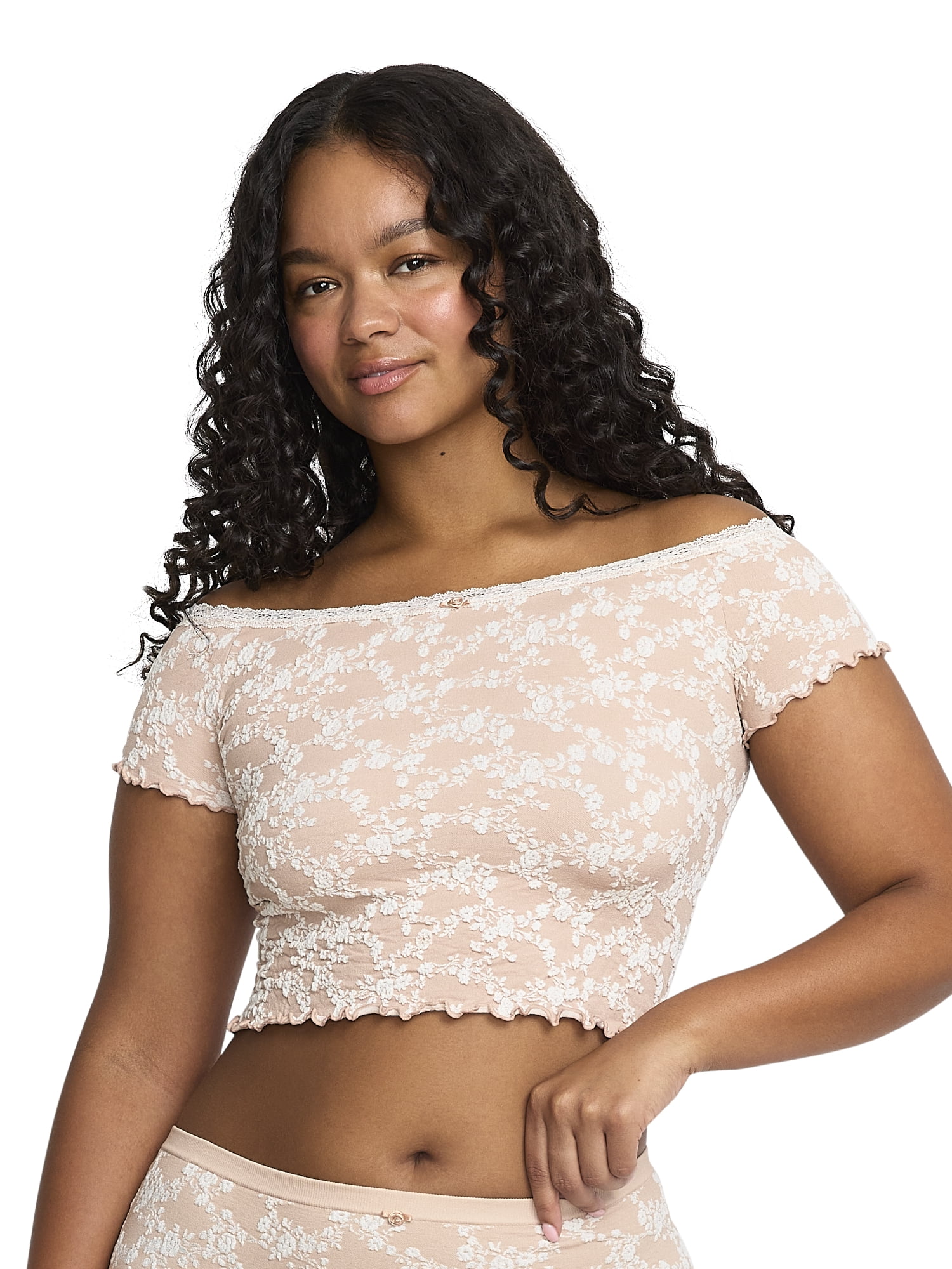 Mills by Millie Bobby Brown Women's Floral Seamless Off-Shoulder Crop Top, Sizes XS-XXXL