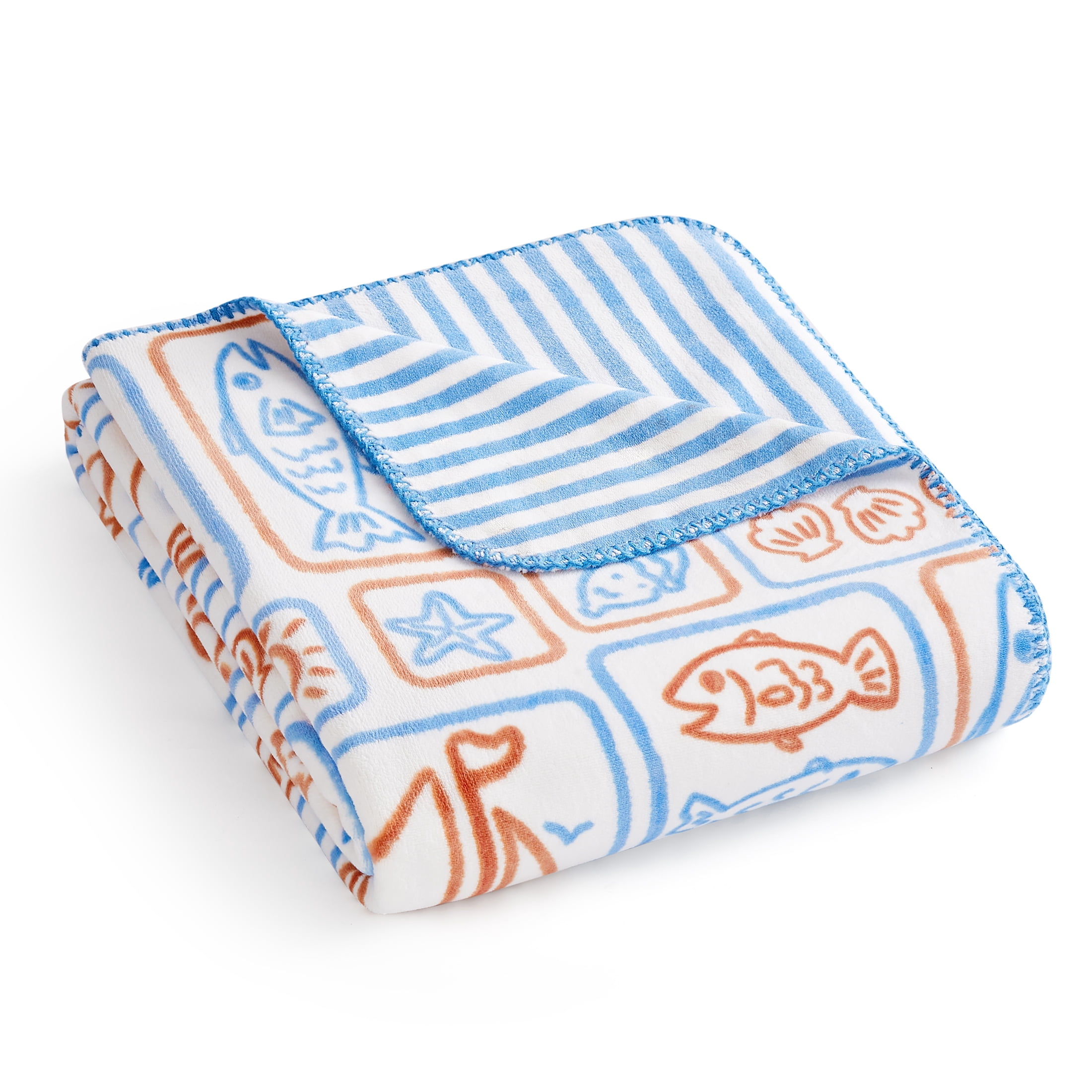 Coastal Living Throw Blanket, Reversible Plush Fleece Blanket for Couch, Blue & Orange Print, 50" x 72"