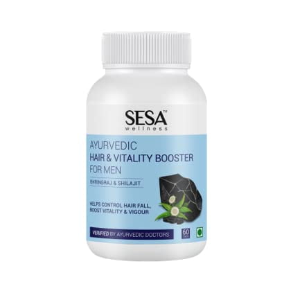 Sesa Ayurvedic Hair & Vitality Booster Tablets for Men - Boost Hair Growth  & Vitality - Bhringraj, Shilajit & 7 Herbs - 100% VEG, 60 Caps 