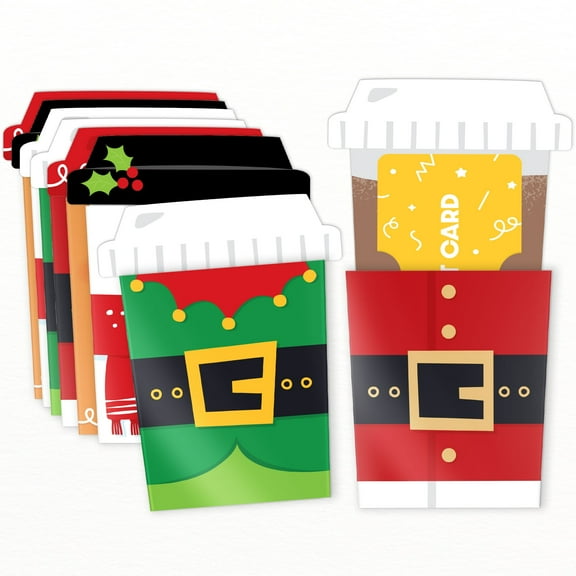 Big Dot of Happiness Assorted Christmas Holiday Coffee Cup Gift Card Holders with Envelopes, Christmas Party Cash Money Holders and Gift Card Sleeves, Holiday Nifty Gifty Pack, Set of 8