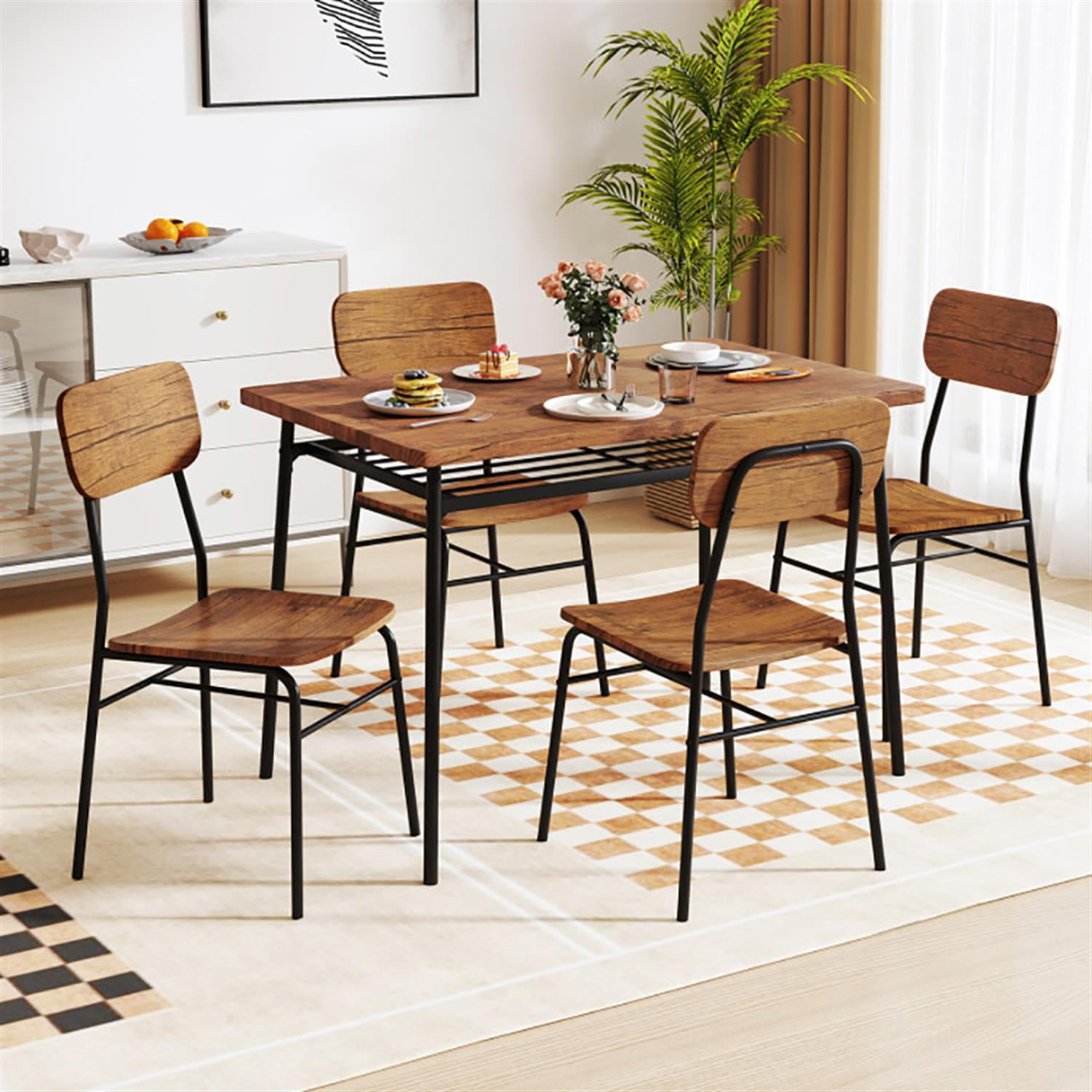 Demi Bonn 5-Piece Dining Table Set with 4 Chairs, 43" Kitchen Table with Metal Frame and Storage Rack, Perfect for Small Space, Brown