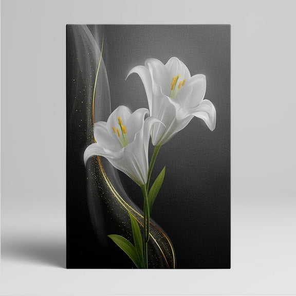1pc Elegant White Lily Canvas Wall Art with Gold - Accented Wave Design, Framed Decor room hanging Wall Picture Decor for Home Gifts, living room, bathroom, bedroom, kitchen wall art decor canvas