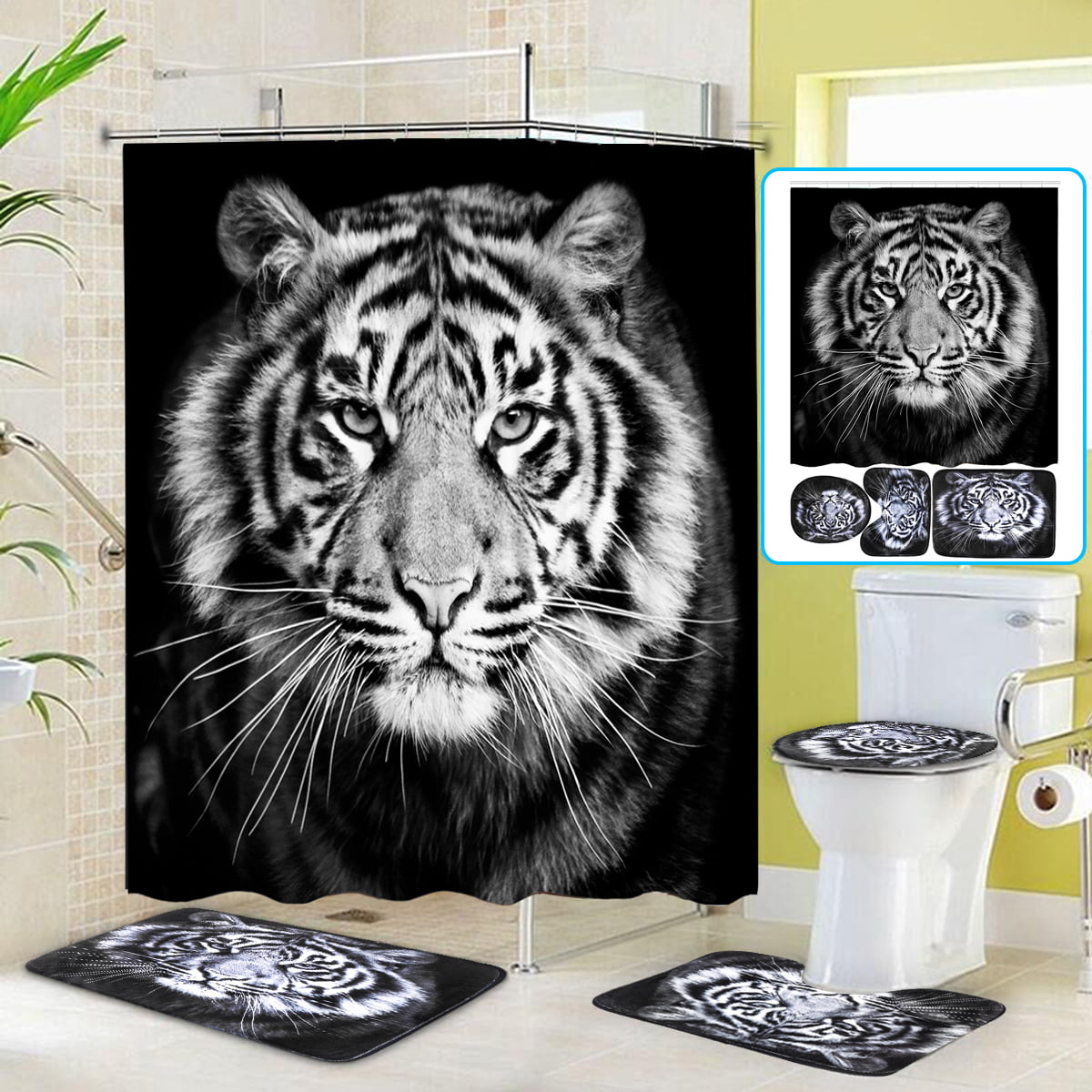 Tiger Bath Mat Toilet Cover Rugs Shower Curtain Black Bathroom Decor 