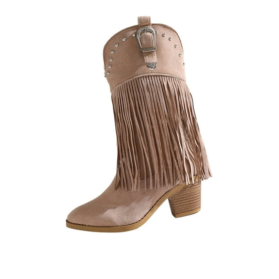 KEGIRLOM Women's Versatile Thick-Soled Tasseled Nubuck Leather Cool And Eye-Catching Fall And Winter Style Comfortable Thick-Heeled Fashion Boots Beige 6