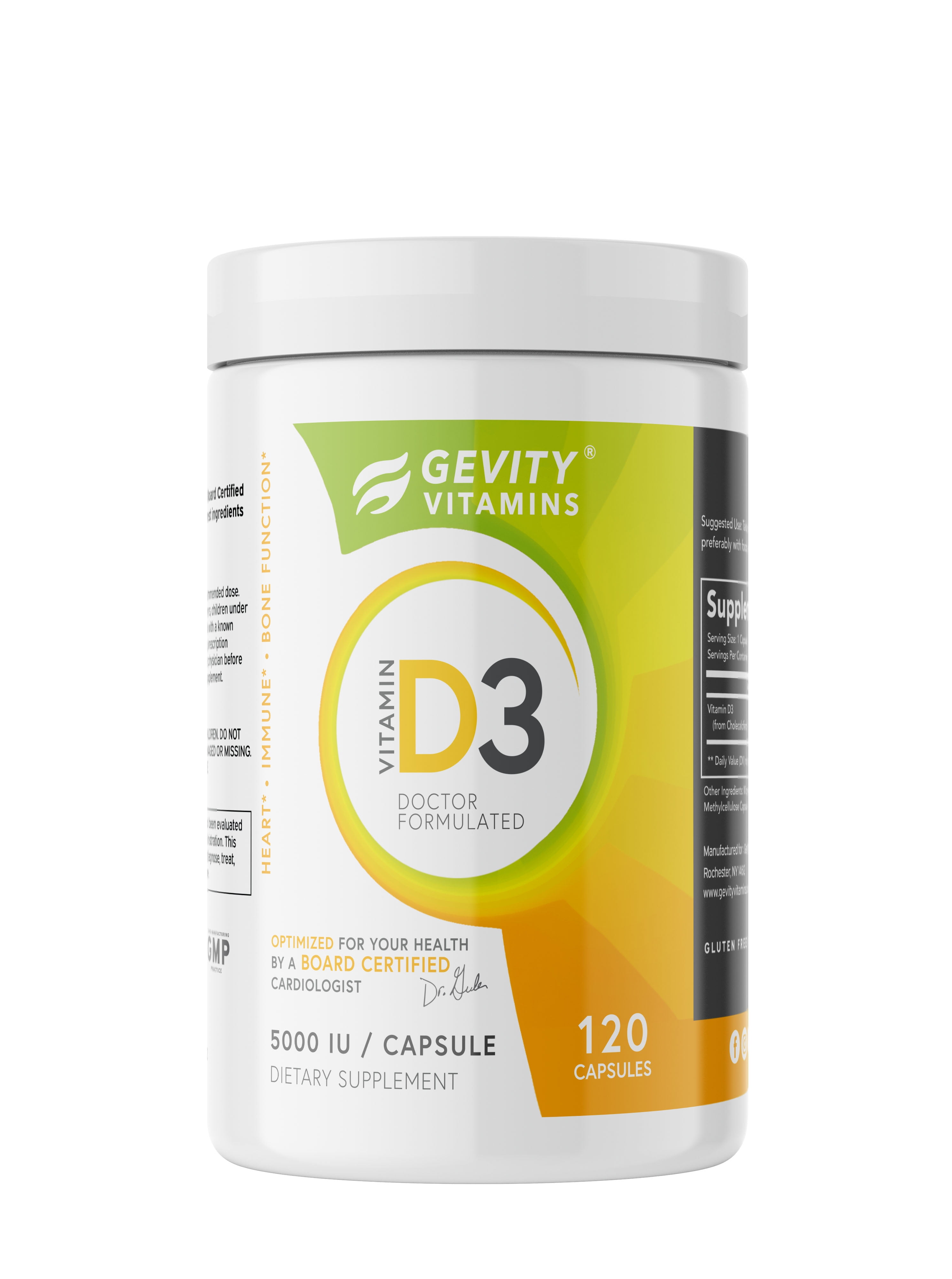 Gevity Vitamin D3 5000 IU Capsules, Immune Support, Gluten-Free 120 Non-GMO Capsules