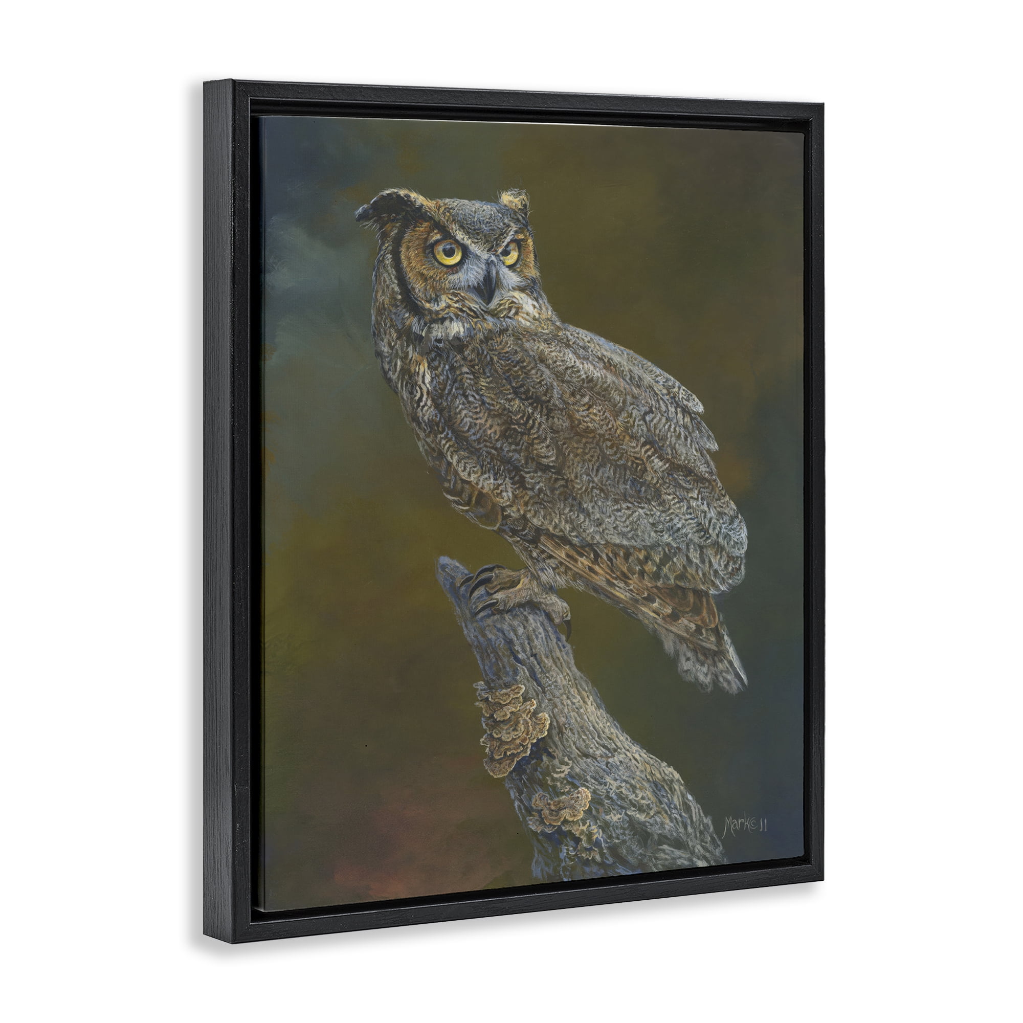 Stupell Industries Great Horned Owl on Branch Animals Painting Black Floater Framed Canvas Art Print Wall Art, 17 x 21