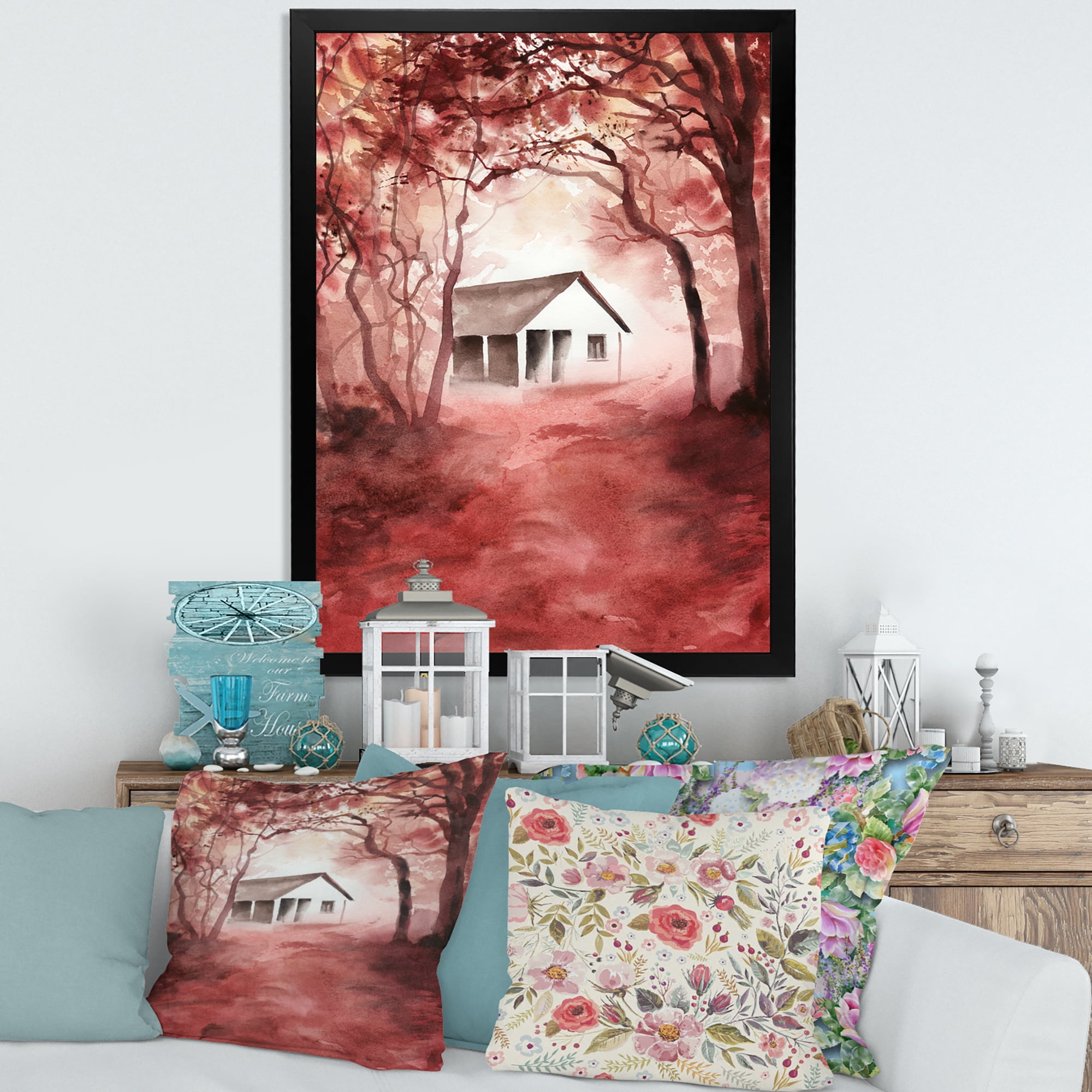 Designart 'Red Autumn Woods and A House in Wild' Cabin & Lodge Framed Art Print