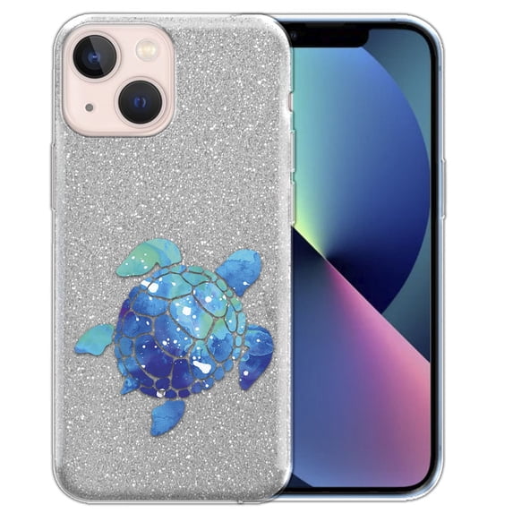 WIRESTER Clear/Silver Glitter Case, Sparkle Bling TPU Cover for Apple iPhone 13 mini 5.4" 2021, Animal Blue Sea Turtle