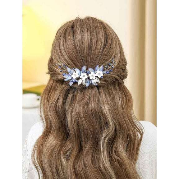 Butterfly Bride Wedding Hair Vine Blue Pearl Bridal Hair Piece Silver Hair Accessories Rhinestone Headband for Women and Girls
