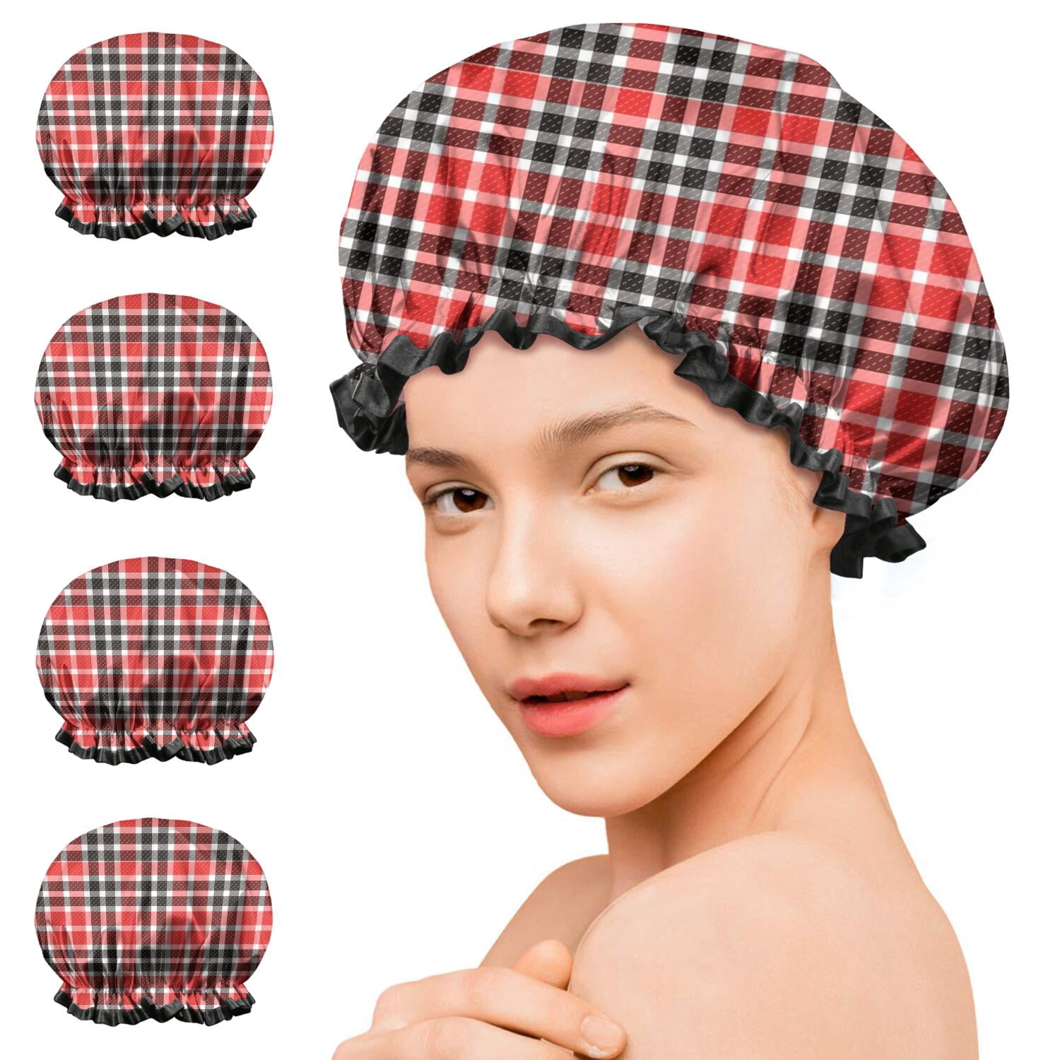 Shower Caps,Red Black White Checkerboard Checkered Pattern Waterproof Shower Cap for Women 4 Pieces,Double Reusable Hair Cover for Shower PEVA Elastic Stretch Hem