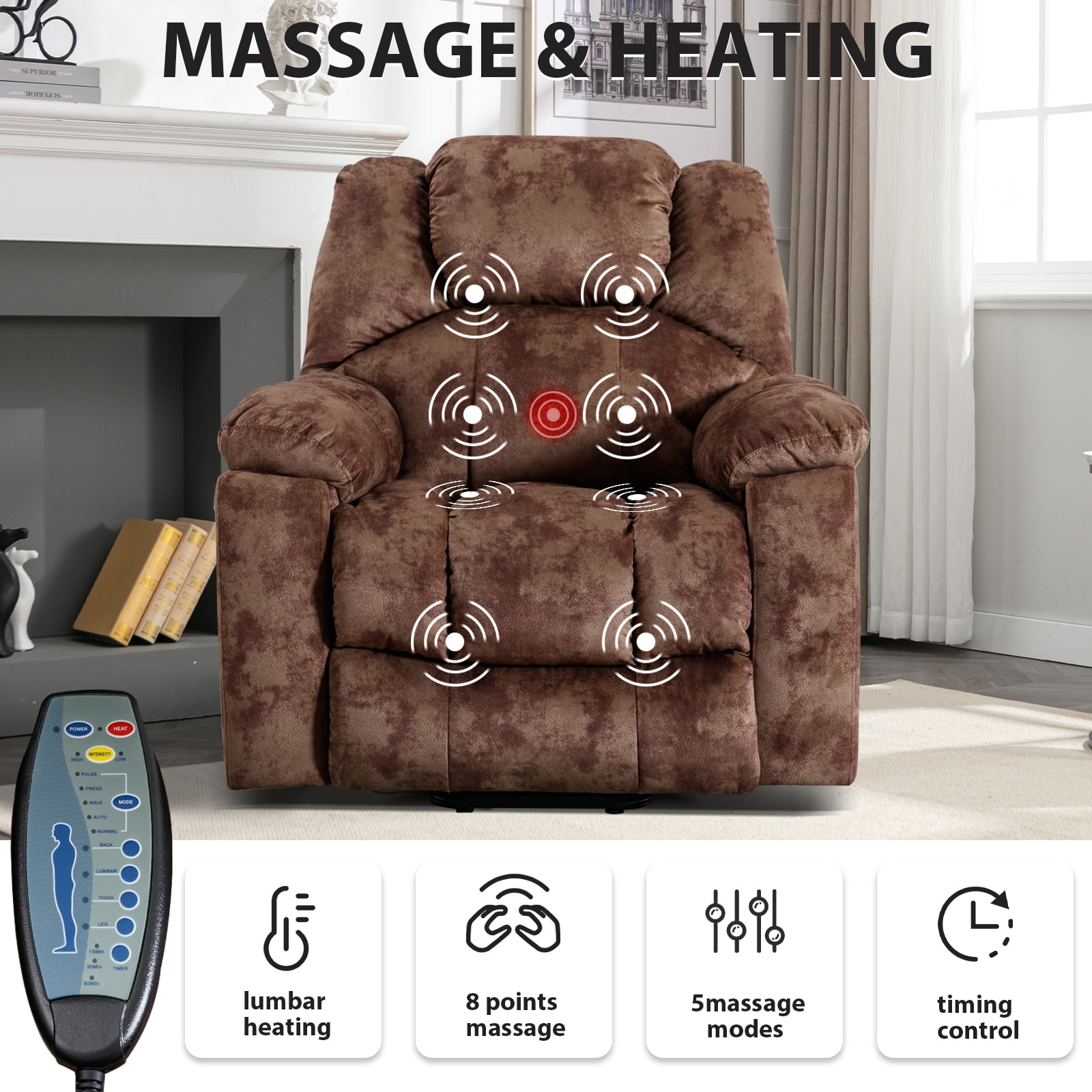 Bonzy Home Power Lift Recliner,Elderly Lift Chair with Heat Therapy and Massage Function,Remote Control,Side Pocket Cup Holders,Living Room, Brown