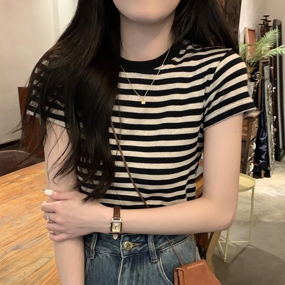 Yourumao Striped Tees for Women Fitted Casual Round Neck Shirts Slim Fashion Short Sleeve Blouses Summer Soft Top Daily Going Out T-Shirt