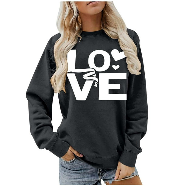 Ounisa Womens Valentines Sweatshirt Love Heart Graphic Print Pullover Casual Long Sleeve Valentine's Blouse Top