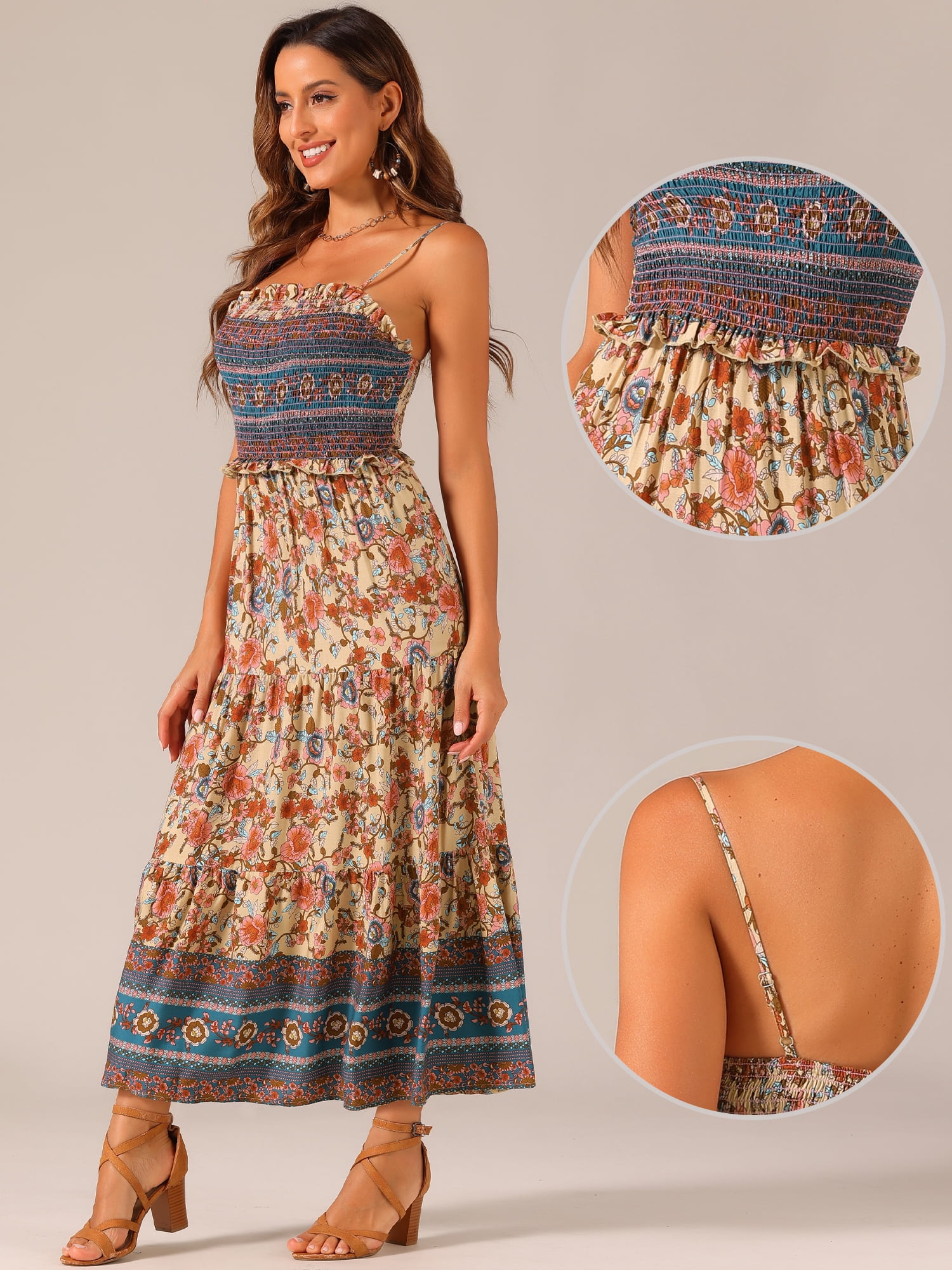 DARING DIVA Women's Boho Floral Spaghetti Strap A Line Maxi Dresses XS Apricot