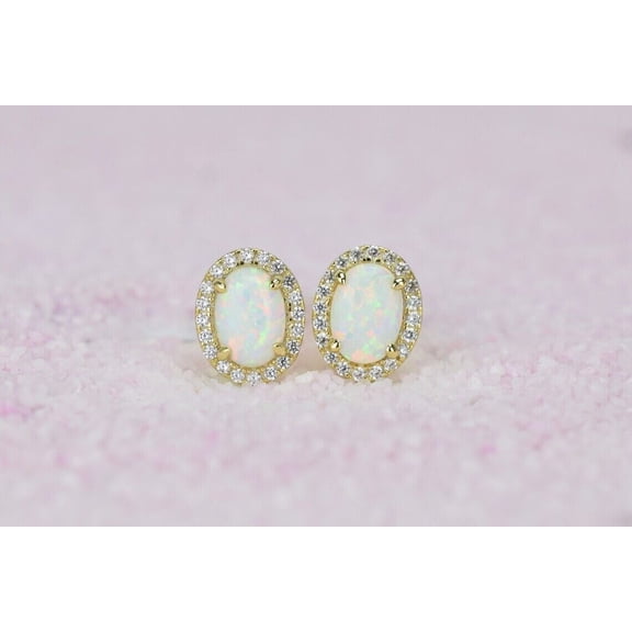 Flower 3Ct Oval Lab-Created Opal Diamond Women Halo Stud Earring 14K Yellow Gold Plated