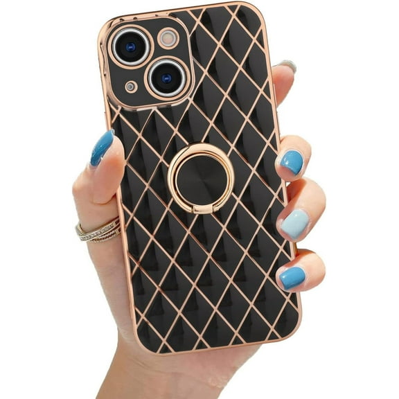 IPhone 13 Case with Ring Holder Stand Luxury Glitter Plating Gold Edge 360 Rotation Kickstand Phone Case for Women Shockproof Soft Flexible TPU Protective Cover Case-Black