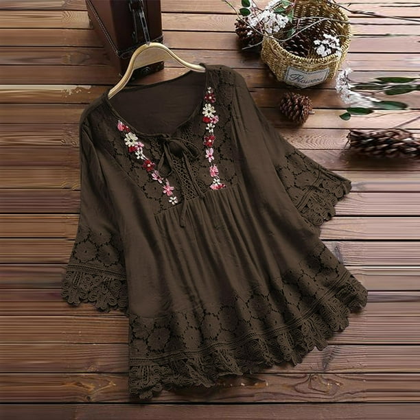mfyjkho Tops Para Mujer, Blusa De Tres Cuartos Con Cuello En V Y Lazo De Patchwork De Encaje Vintage Para Mujer Tops Y Blusas Para Mujer Xxxxxl