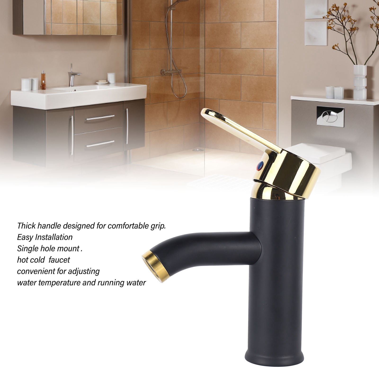 YAHHU Bathroom Sink Faucet Single Hole Single Handle Hot Cold Stainless Steel Basin Mixer Tap Black Gold with 23.6 in / 60 cm Inlet Pipes
