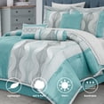 thumbnail image 3 of LANCO MODERN LIFESTYLE California King Comforter Set, Blue, 15 Pieces Room in a Bag, Jacquard with Patchwork, Luxury Bed Set with Sheets, Curtains, Bed Skirt, Pillow Shams, Cases and Pillows, 3 of 11