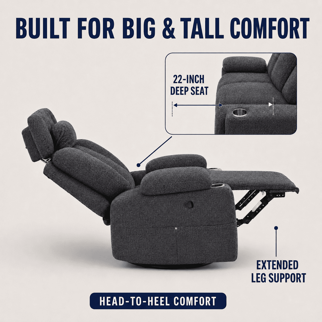 TiramisuBest Swivel Rocking Recliner Chair with Cup Holders,Big and Tall Manual Chenille Lounge Chair for Living Room,Dark Gray