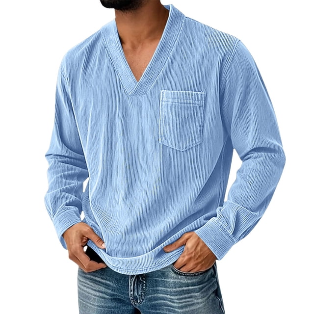 Ceisia Men's Loose V-Neck Corduroy Long Sleeve Casual Top with Chest Pocket Sky Blue S Gifts