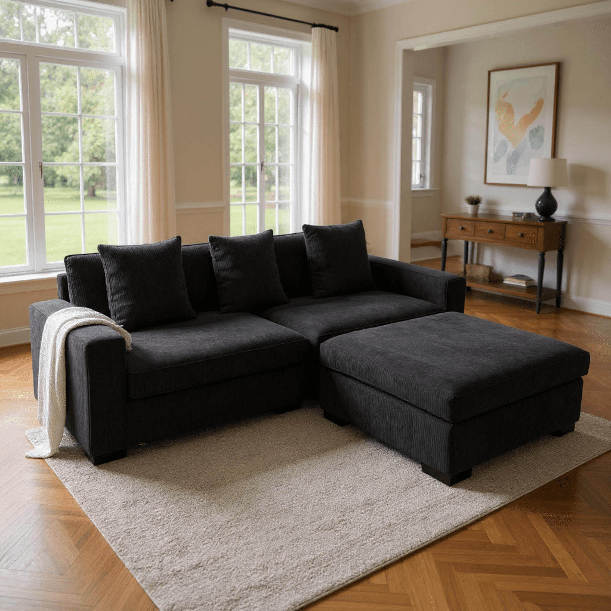 Gewnee 103.5-Inch Modular Corduroy Sofa Set with Solid Wood Legs, High-Density Foam, Suitable for Living Room/Bedroom/Office