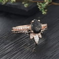 thumbnail image 4 of Pear Black Rutilated Quartz Engagement Ring Set IN 14K Rose Gold Vermeil- Vintage Diamond Black Onyx Promise Marriage Bridal Anniversary Set, 4 of 6