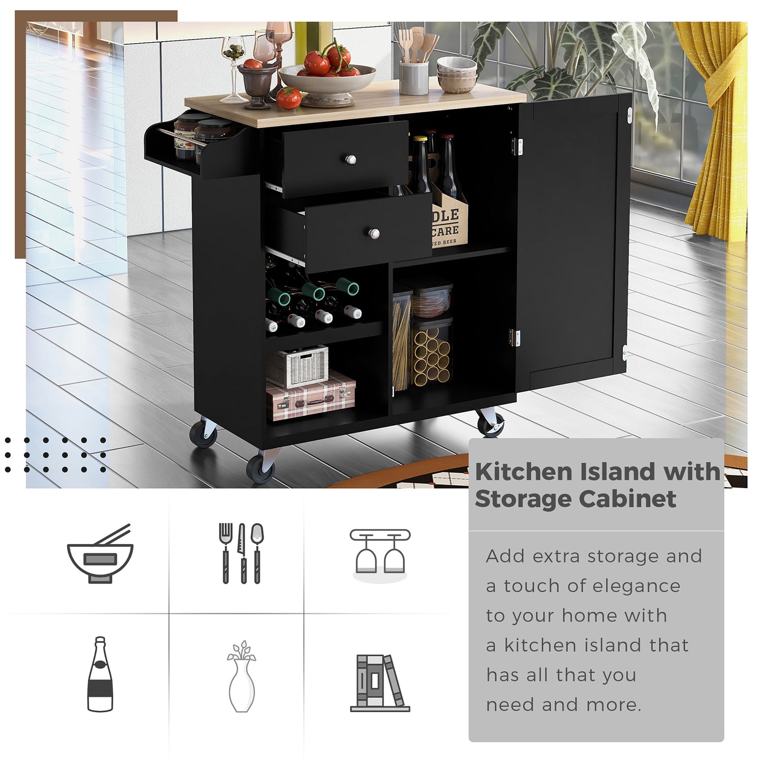 Kepooman Kitchen Cart with Spice Rack, Towel Rack & Two Drawers, Kitchen Island on Wheels for Your Daily Food Preparation, Black Kepooman Kitchen Cart with Spice Rack, Towel Rack & Two Drawers, Kitchen Island on Wheels for Your Daily Food Preparation, Black