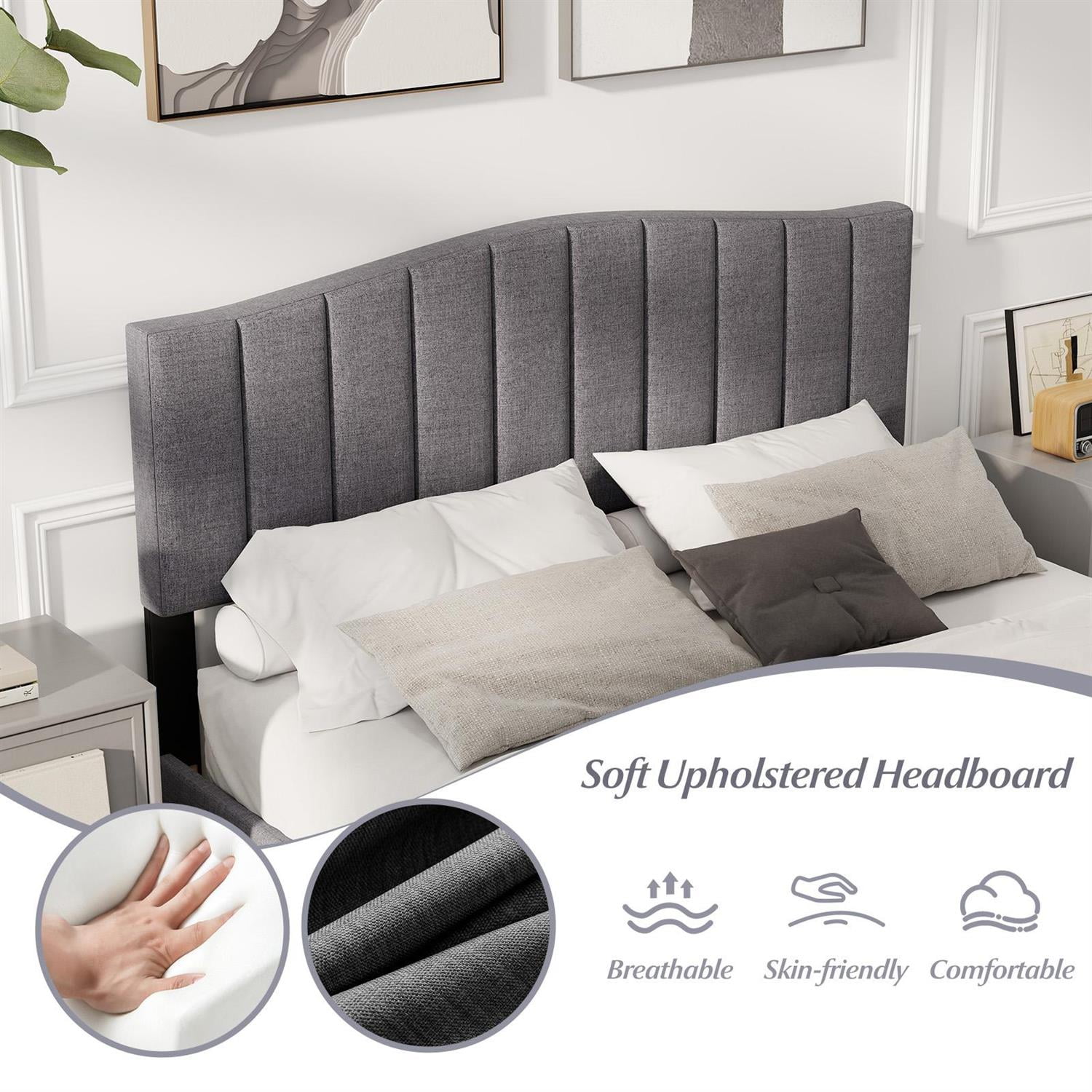 Spaco Queen Size Modern Upholstered Bed Frame, Adjustable Vertical Channel Tufted Headboard, Linen Fabric & Foam, 12 LVL Slats, Gray + Black