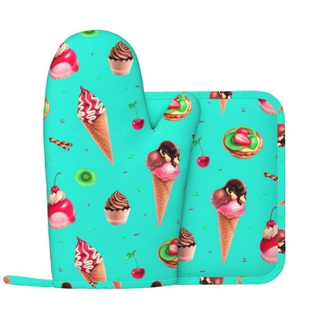 

Oven Mitts and Pot Holders Sets - Kiwi Tart Ice Cream Print Heat Resistant Silicone Oven Gloves (Left Glove) with Non-Slip Silicone Surface and hot pads for kitchen Baking Cooking